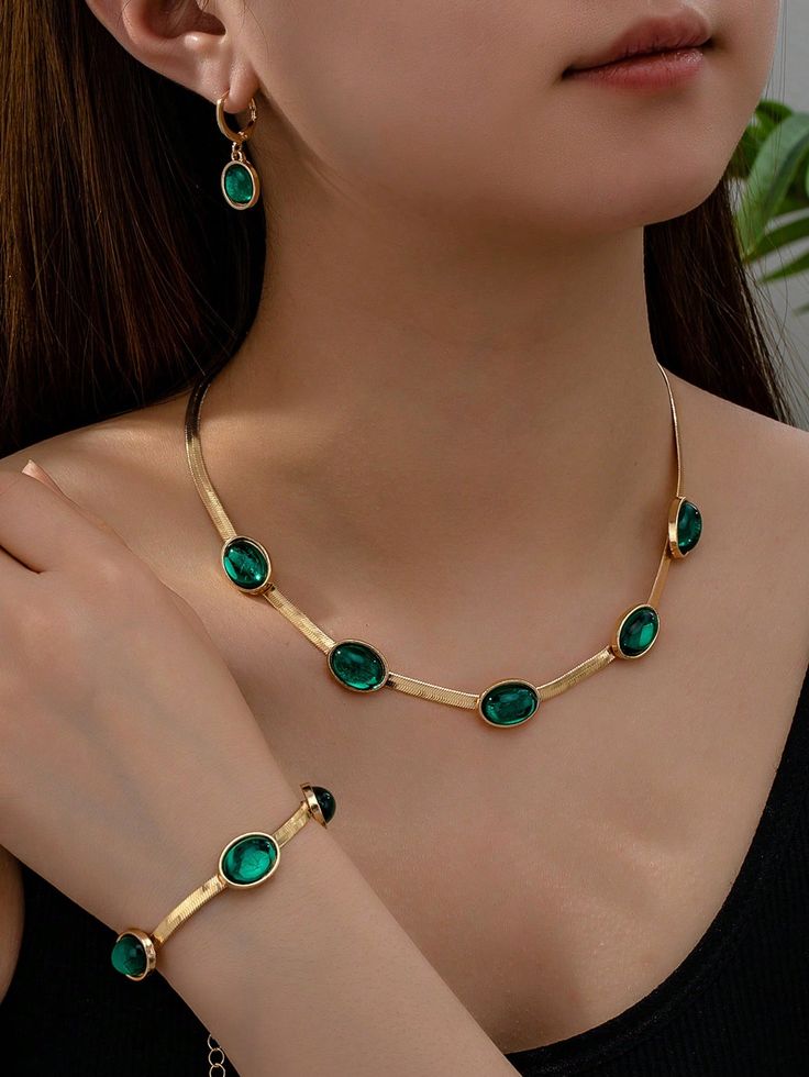 Oval Green Crystal Pendant Necklace Set With Bracelet
