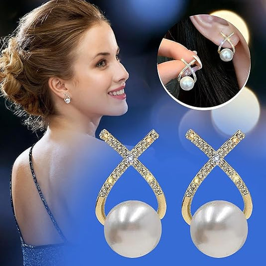 Korean Studded Cross Pearl Stud Earrings