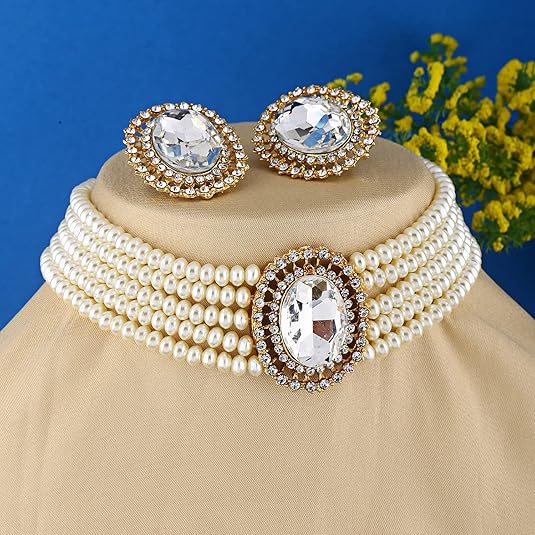Shining Fashion Latest Stylish Fancy Choker Traditional Pearl Necklace Jewellery Set for Womens