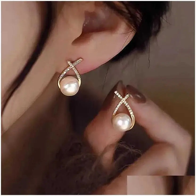 Korean Studded Cross Pearl Stud Earrings