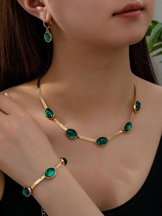 Oval Green Crystal Pendant Necklace Set With Bracelet